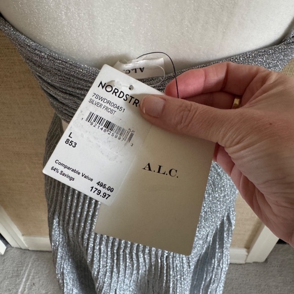 NWT A.L.C. Aria Silver Frost Shimmer Ribbed Cut Out Back Dress - Sz L - Picture 6 of 7